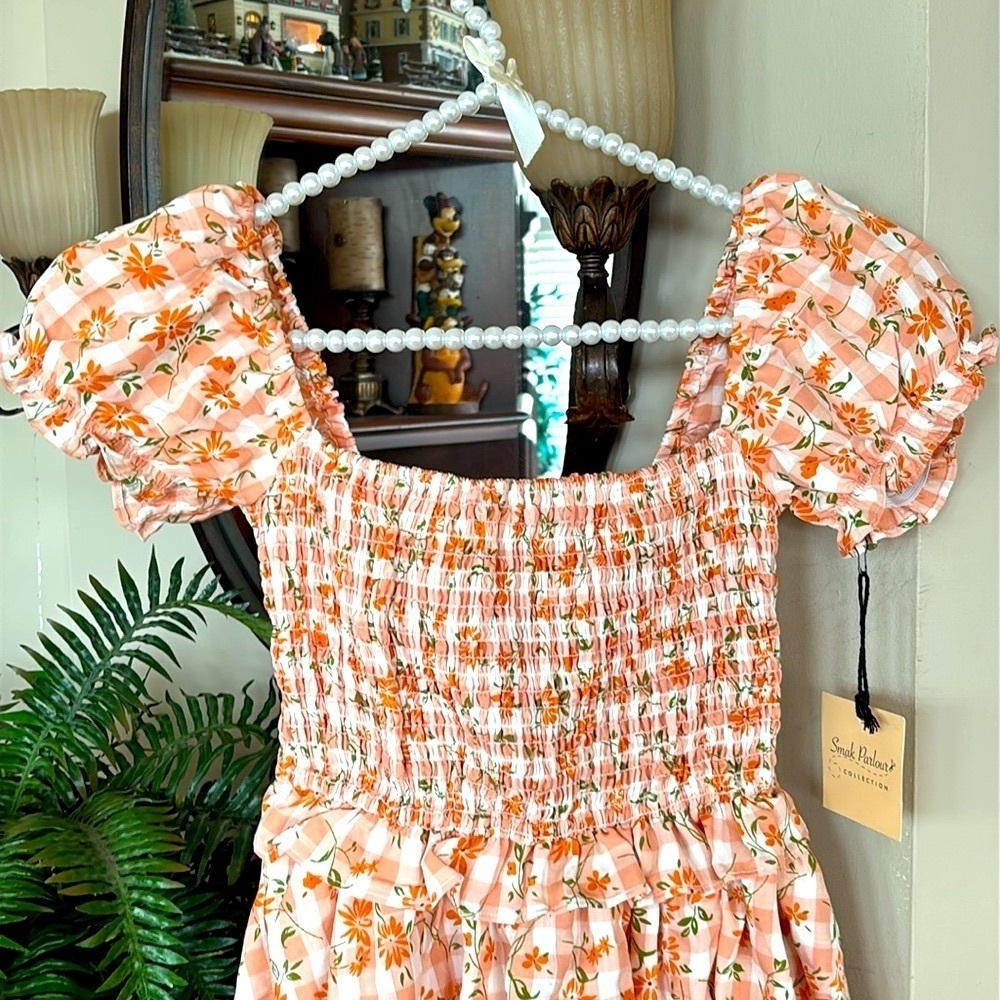 Brand New Smak Parlour Peach Gingham Floral Smocked Mini Dress Puff Sleeves Mod - Picture 7 of 15